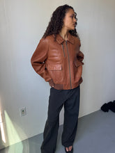 Load image into Gallery viewer, Cognac Leather Bomber Jacket (M)
