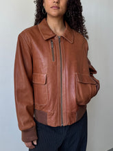 Load image into Gallery viewer, Cognac Leather Bomber Jacket (M)